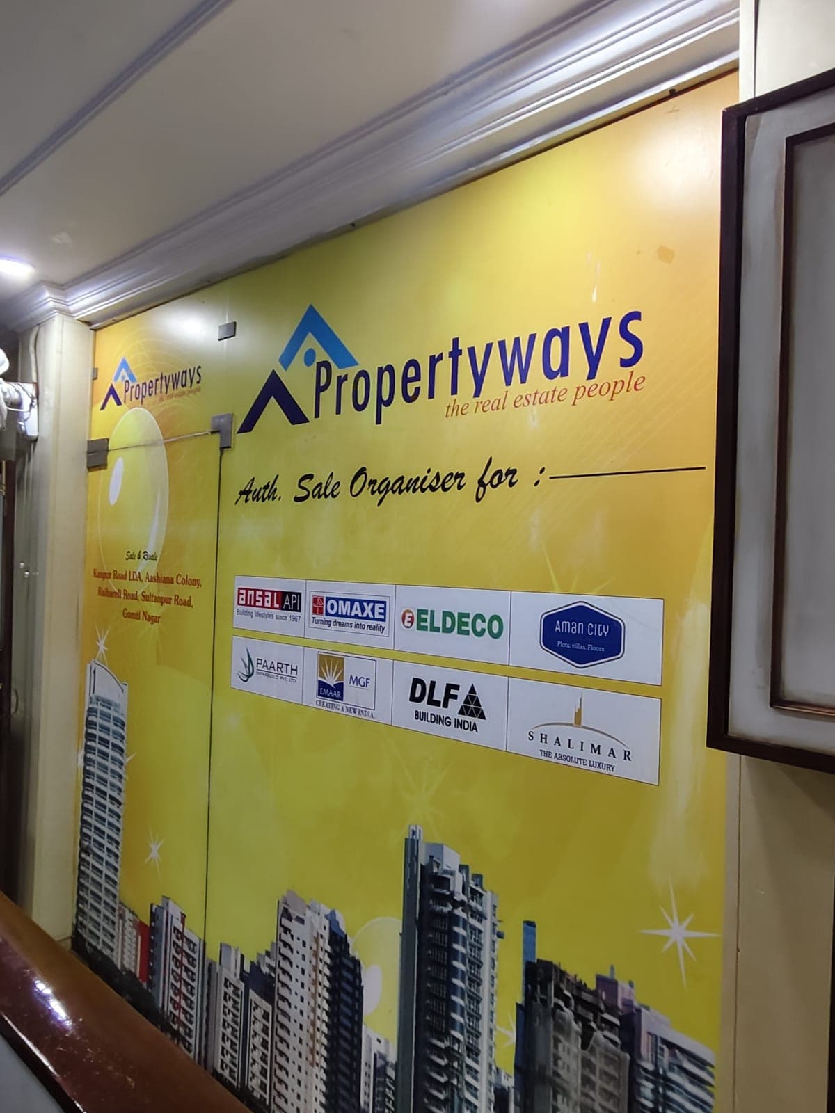 PROPERTYWAYS authorized sales organiser credentials wall featuring DLF, Eldeco, Omaxe, Shalimar, Ansal API